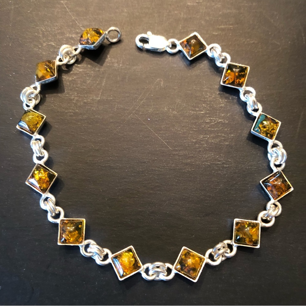 Genuine Amber and 925 Sterling Silver Link Bracelet